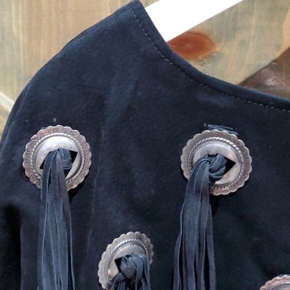 VINTAGE AUSTIN COLLECTION BLACK LEATHER TOP COWGIRL  SOUTHWESTERN FRINGE - Picture 2 of 7